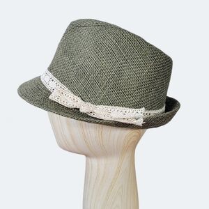 Sage Green Jute Fedora Hat with Lace Ribbon Trim and Bow OSFM